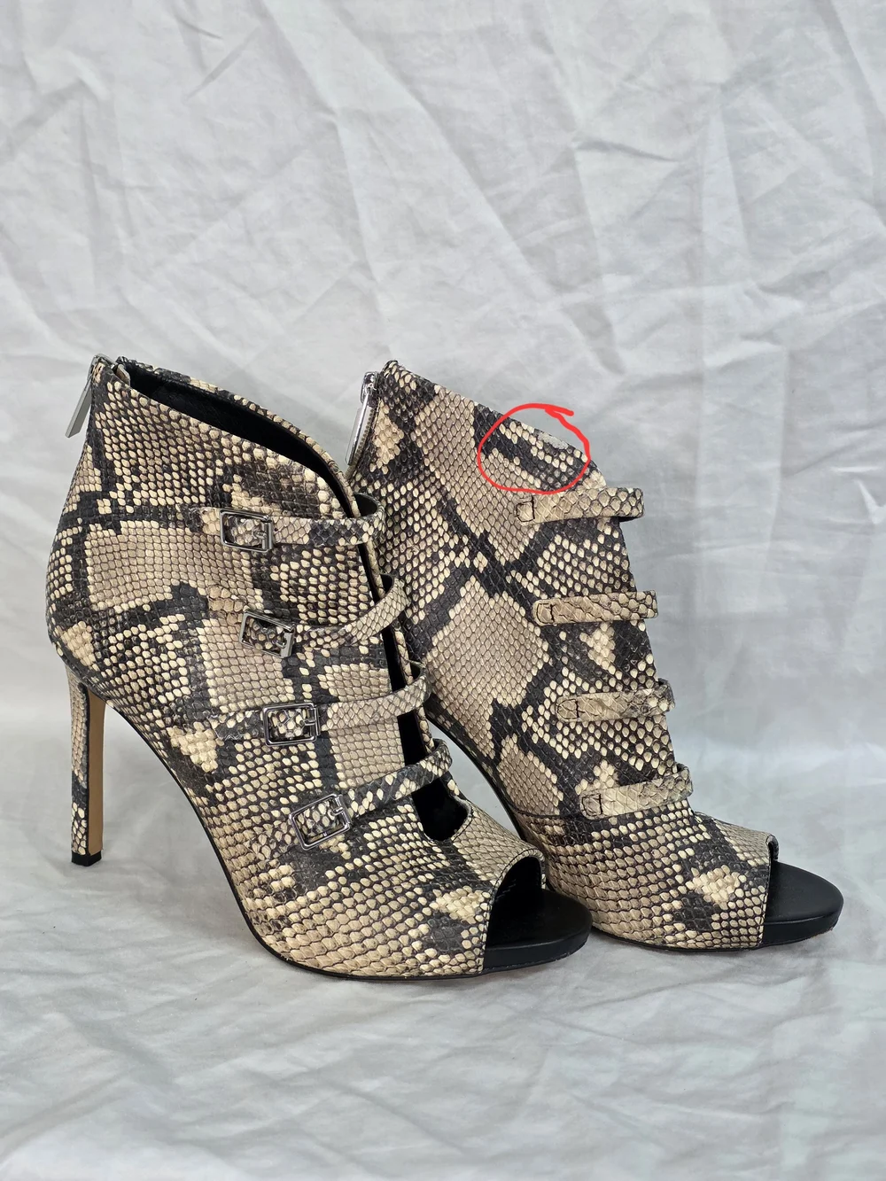 Karl Lagerfeld Snakeskin Peep-Toe Strappy High Heel Booties - Black and Cream